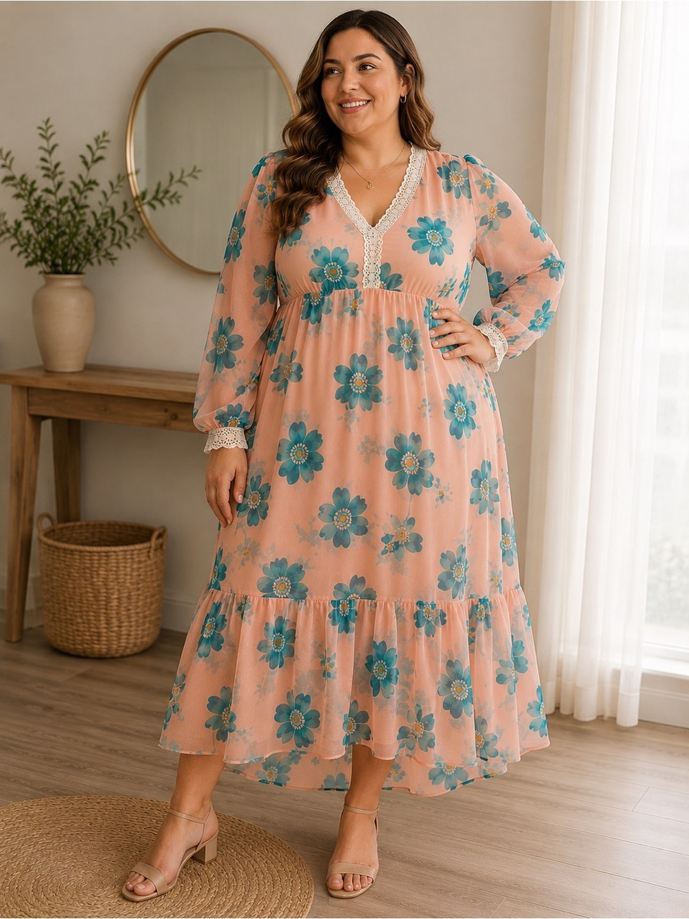 Floral Lace-Trim Maxi Dress in Peach pink with Teal Flowers